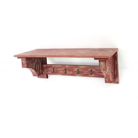 Gfancy Fixtures 8 x 30 x 9.75 in. Vintage Wooden 4 Metal Hooks Wall Shelf, Red GF3669108